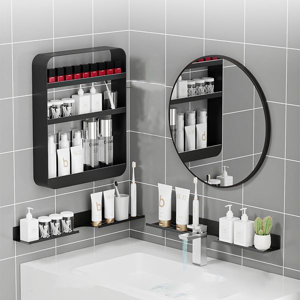 Mirror-front black aluminum bathroom organizer shelf for shower accessories