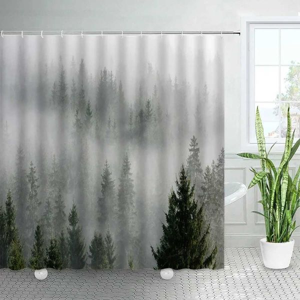 Mist Forest shower curtains featuring pine trees and natural landscapes, a polyester bathroom set with hooks for home decor