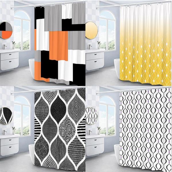 Modern 3D geometric shower curtain set in red, orange, grey, and yellow lattice fabric for contemporary bathrooms