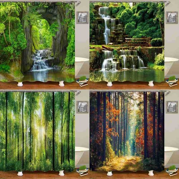 Modern 3D printed forest shower curtain featuring green plant landscapes, with hooks for bathroom use and waterproof design