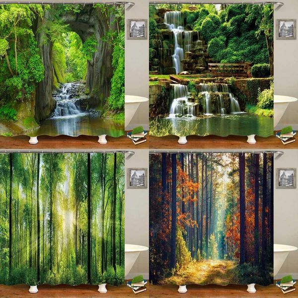 Modern 3D printed forest shower curtain featuring green plant scenery with hooks for waterproof bathroom use