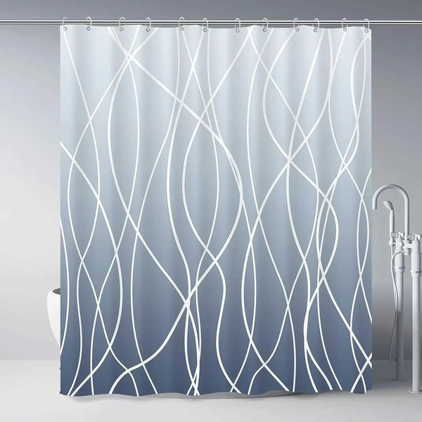 Modern black and white striped textured fabric shower curtain with gradient stripes for bathroom decor M240824