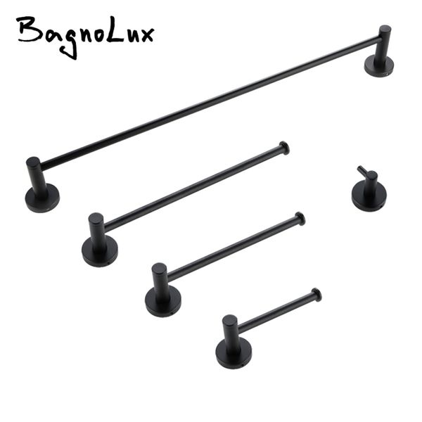 Modern black matte bathroom hardware set featuring mounted paper holder, wall-mounted towel bar, and robe hook for stylish organization