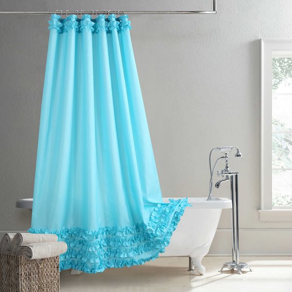 Modern blue polyester shower curtain with ruffled design, waterproof and farmhouse-style decorative