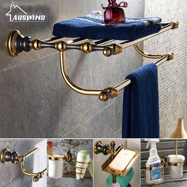 Modern brass bathroom hardware set featuring European gold polish and black accessories