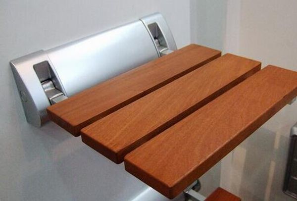 Modern folding teak shower seat for wall mounting