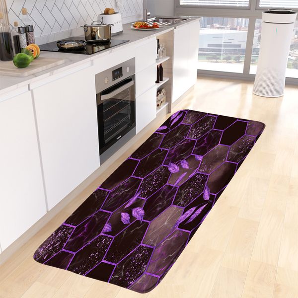 Modern geometric marble-pattern kitchen floor mat with gold lines and leaf motifs, non-slip rug for home decor