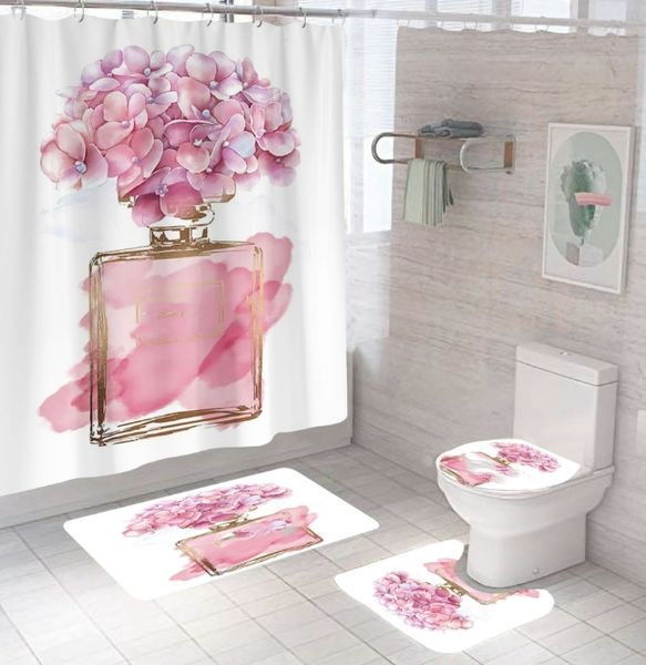 Modern geometric shower curtain set with four pieces, including a waterproof polyester curtain and absorbent floor mat for the bathroom