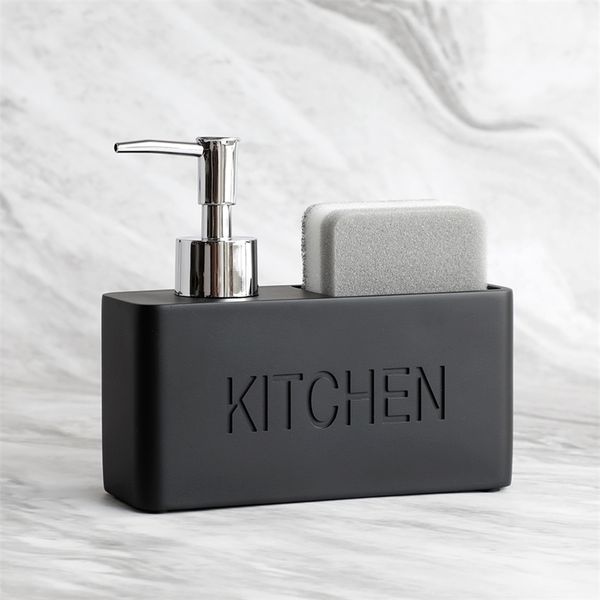 Modern liquid soap dispenser set for kitchen with sponge storage and pump bottle brushes
