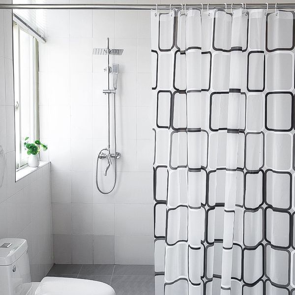 Modern mildew-resistant translucent PEVA shower curtains with hooks, available in sizes 240, 200, 180, and 150 cm for waterproof bathroom use