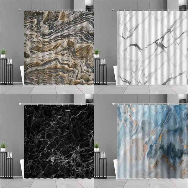 Modern Nordic-inspired marble stripe shower curtains, simple waterproof bathroom decor with hooks 210915