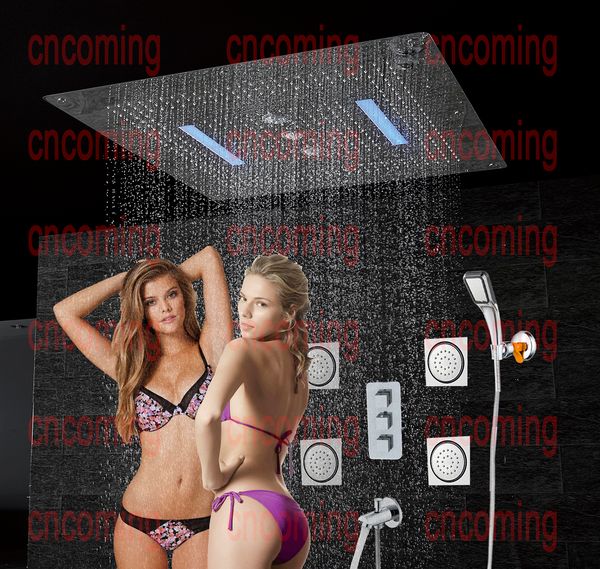 Modern wall-mounted thermostatic shower mixer with LED ceiling rain showerhead featuring waterfall and swirl massage jets CS5424