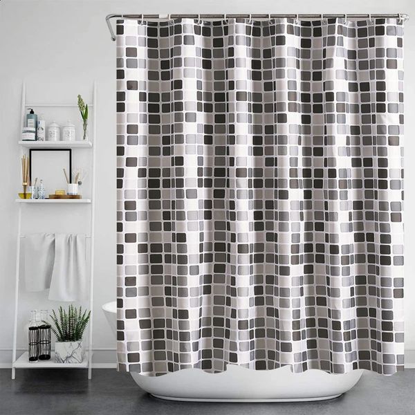 Modern waterproof mosaic-patterned bathroom shower curtains with hooks for home decor