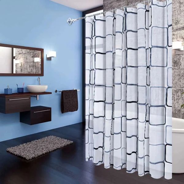 Modern waterproof PEVA shower curtains featuring geometric flat patterns for farmhouse or home bathroom decor