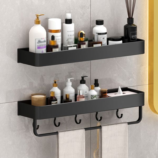 Multipurpose black aluminum wall-mounted bathroom shelves for corner and kitchen storage