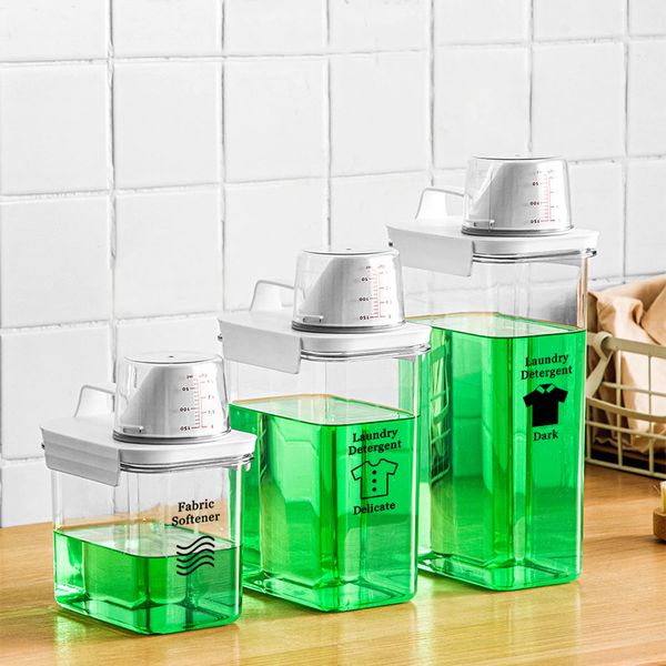 Multi-purpose liquid soap dispenser for laundry detergent, food grains, rice storage with measuring cup and pour spout