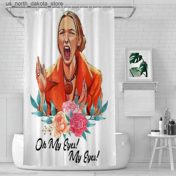 My eyes hurt from the bright shower curtain featuring Phoebe Buffy's bathroom decor