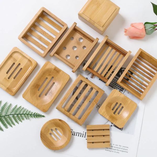 Natural bamboo soap dish holder in round or square styles