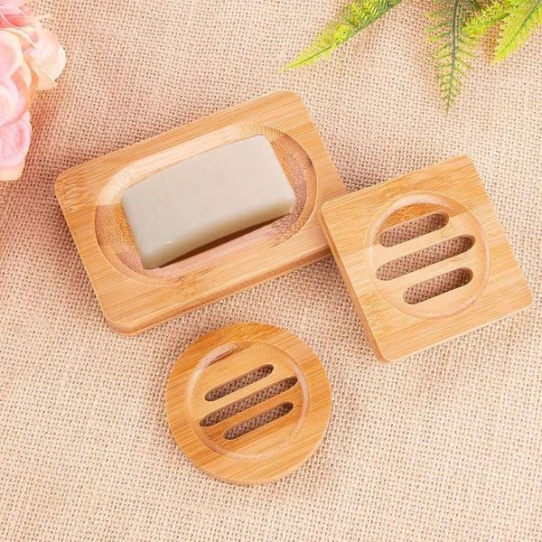 Natural bamboo wood soap dishes for bathroom storage, round or square eco-friendly wooden soap trays with drainage