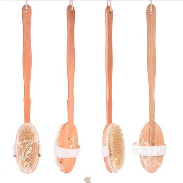 Natural boar bristle bath brush with a long wooden handle for exfoliating and dry body brushing