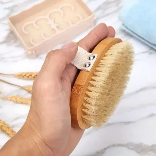 Natural boar bristle body brush with bamboo handle for dry and wet exfoliation in shower
