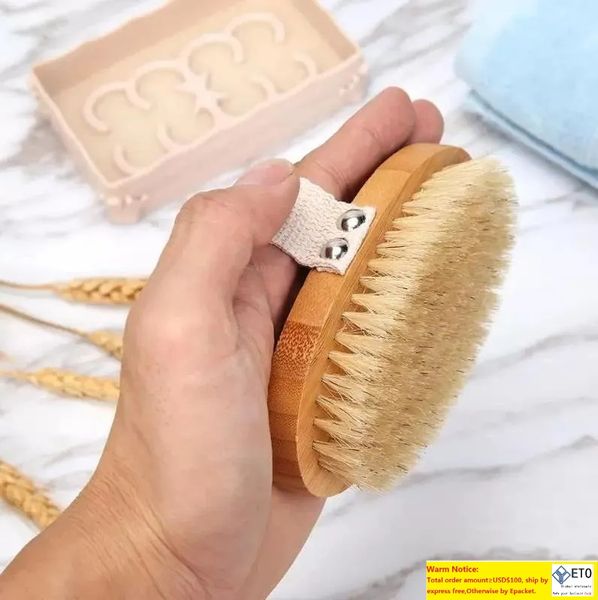 Natural boar bristle body brush with bamboo handle for exfoliating in wet or dry showers