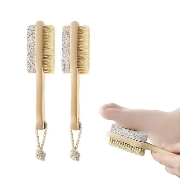 Natural body and foot exfoliating spa brushes with double-sided pumice stone for wholesale