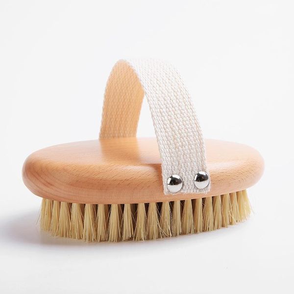 Natural bristle bath brush with beech wood handle for exfoliating and massaging in the shower