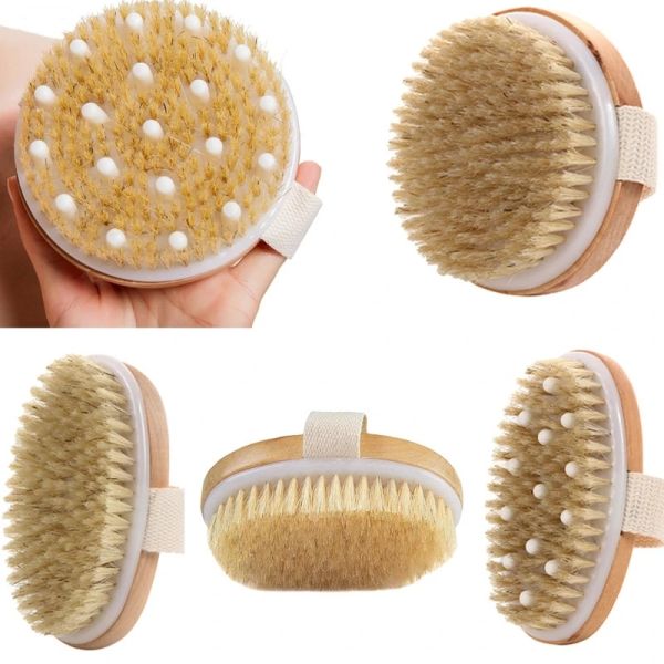 Natural Bristle Body Brush for Wet and Dry Skin Exfoliation, SPA & Shower Massage at Home