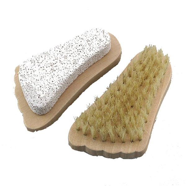 Natural bristle brush for foot exfoliation and dead skin removal with pumice stone and wooden cleaning tools for spa massage