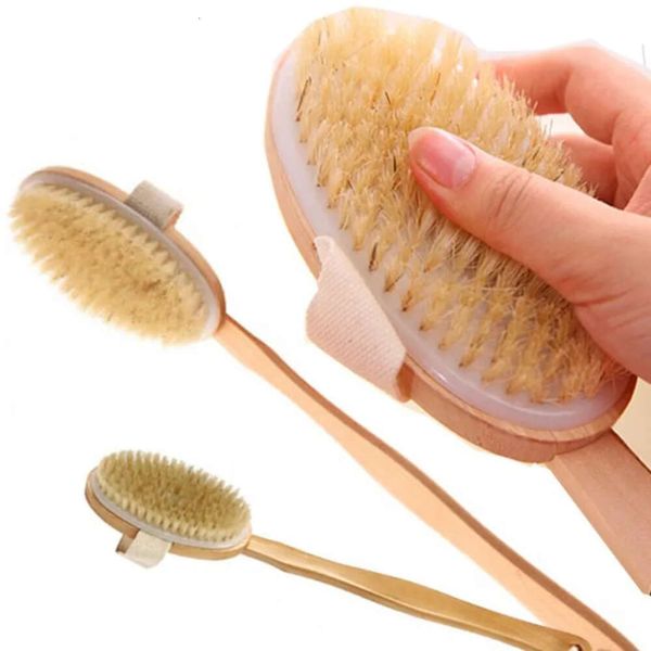 Natural bristle shower brush with detachable handle for exfoliation and circulation