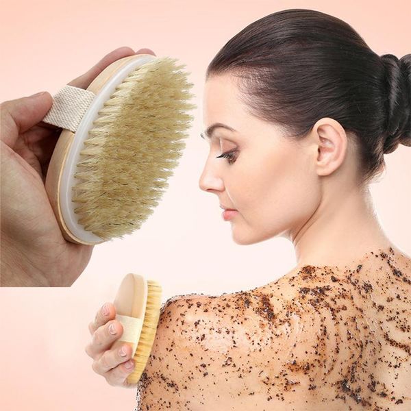 Natural bristle wooden bath brush for dry skin, spa body brush without handle