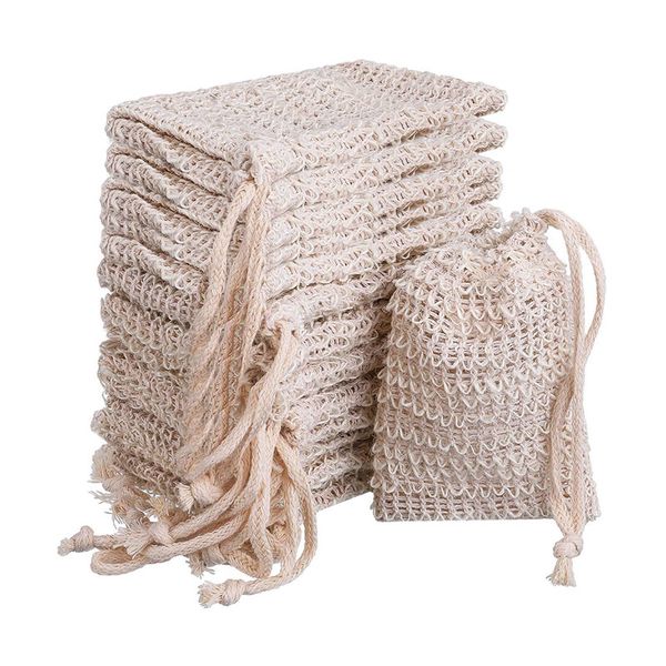 Natural cotton linen shower soap saver with drawstring, gentle exfoliating mesh loofah for skin-friendly scrubbing