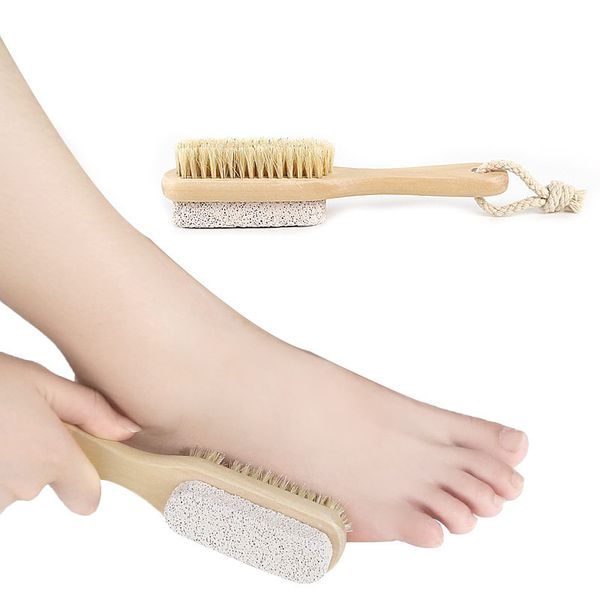 Natural dual-sided exfoliating brush with pumice stone and soft bristles for body or foot spa