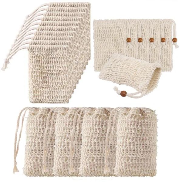 Natural exfoliating mesh soap pouch for shower, keeps soap dry and foamy