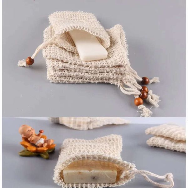 Natural sisal mesh soap pouch for shower exfoliation and drying