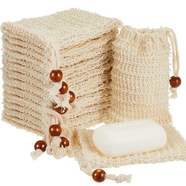 Natural sisal soap pouch with drawstring for exfoliating, foaming, and drying soaps during shower or bath