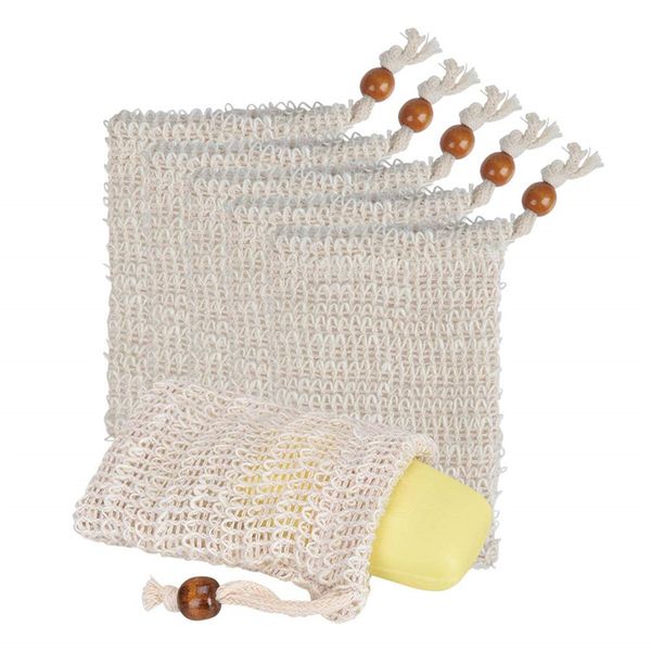 Natural sisal soap saver bags with drawstrings for foaming, drying, and exfoliating soaps