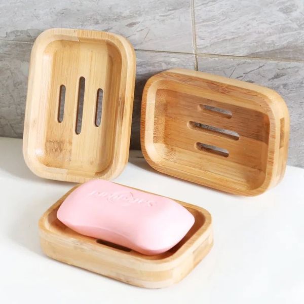 Natural wood bamboo soap dish holder for bathroom and kitchen sponge storage