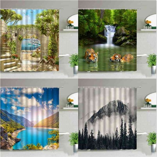 Nature-themed shower curtains featuring tigers, waterfalls, and mountain landscapes with trees, perfect for bathroom decor, includes hooks