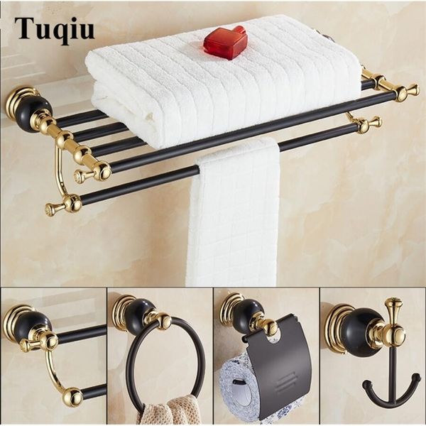 New brass and jade gold black bathroom hardware set including paper holder, towel bar, soap basket, towel rack, and hooks