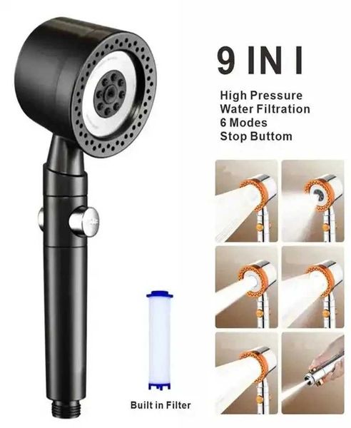 New large panel black high-pressure shower head with 6 modes and 9-in-1 spray, featuring a filter for rain spa shower, bathroom accessory model W250109