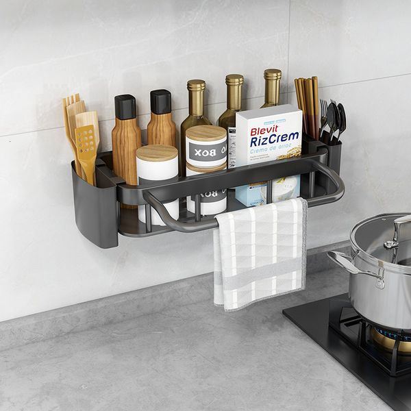 No-drill black bathroom shelves for shower storage, holding shampoo, towels, and kitchen accessories