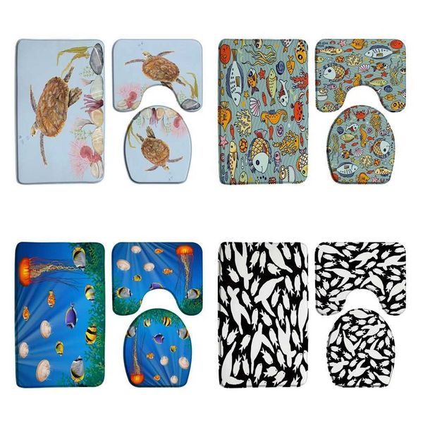 Non-slip colorful fish and turtle bathroom mat set for kids' flannel toilet cover