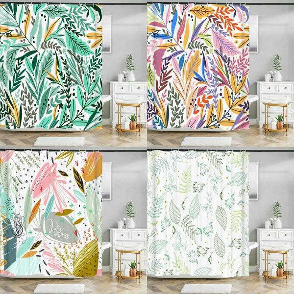 Nordic-inspired green plant and flower leaf design waterproof polyester shower curtain for bathrooms, includes hooks for easy hanging as home decor