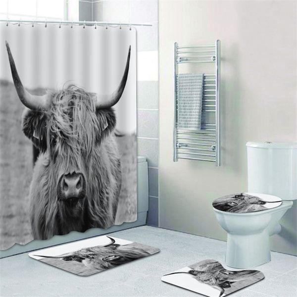 Nordic-inspired shower curtain set featuring a highland cow portrait, with matching bath mat for wildlife-themed bathroom decor