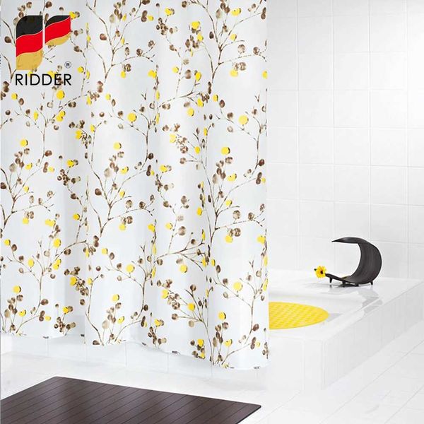 Nordic-inspired waterproof polyester shower curtain with autumn fruit motifs, featuring durable construction and roller hooks for easy installation