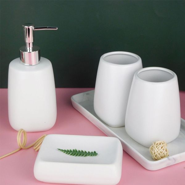 Nordic-style ceramic soap dispenser set with marble tray, toothpaste holder, and cups for bathroom