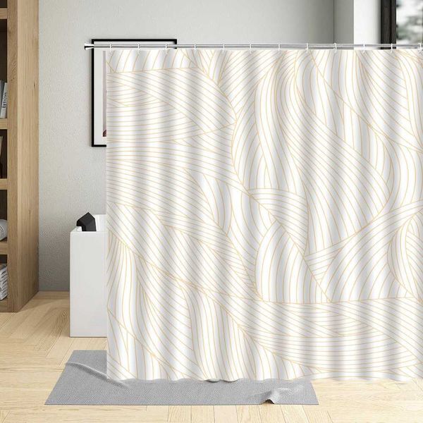 Northern European-inspired minimalist geometric shower curtain featuring wave stripe design, waterproof washable fabric with hooks for bathroom use