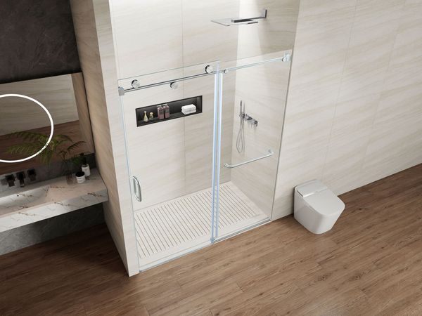 O01-Chrome Handled Semi-Frameless Modern Glass Sliding Door for Hotel Bathrooms - Soft Close Design by Leading Manufacturer